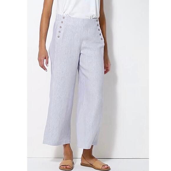 J.Jill Pants - J Jill Love Linen Stripe Button Front Wide Leg Cropped Pants S Lagenlook Coastal